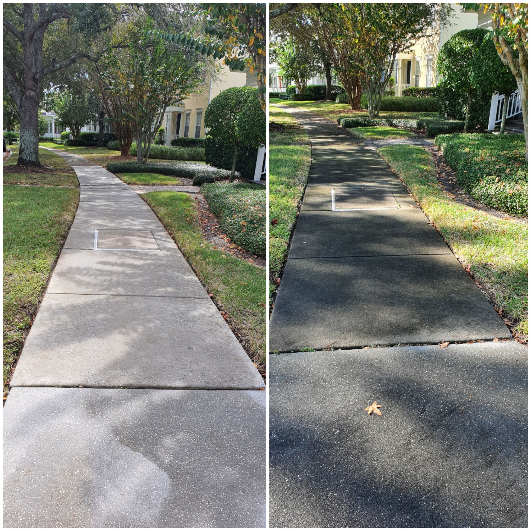 Before-and-after collage of a sidewalk cleaned from dark staining to a brighter finish.