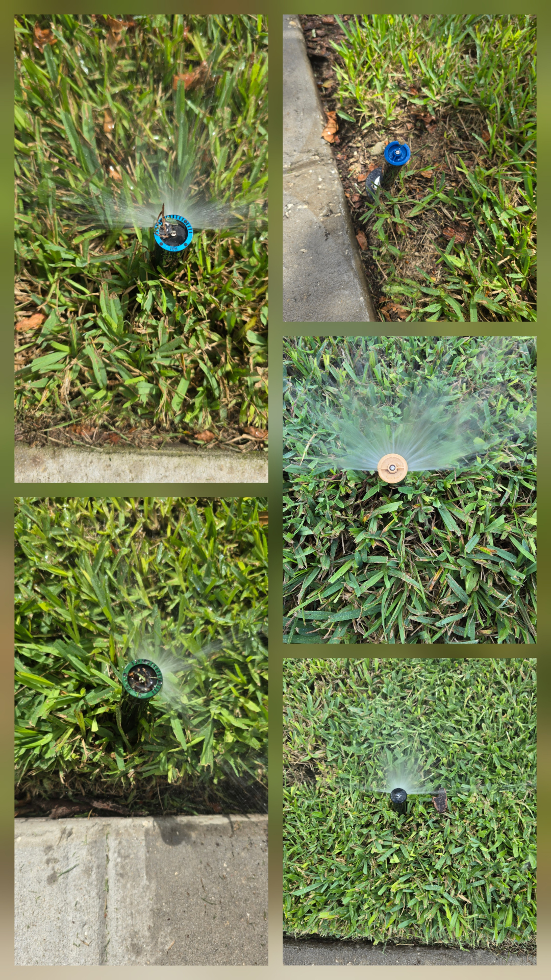 Collage showing multiple irrigation sprinkler heads operating after repair and adjustment.