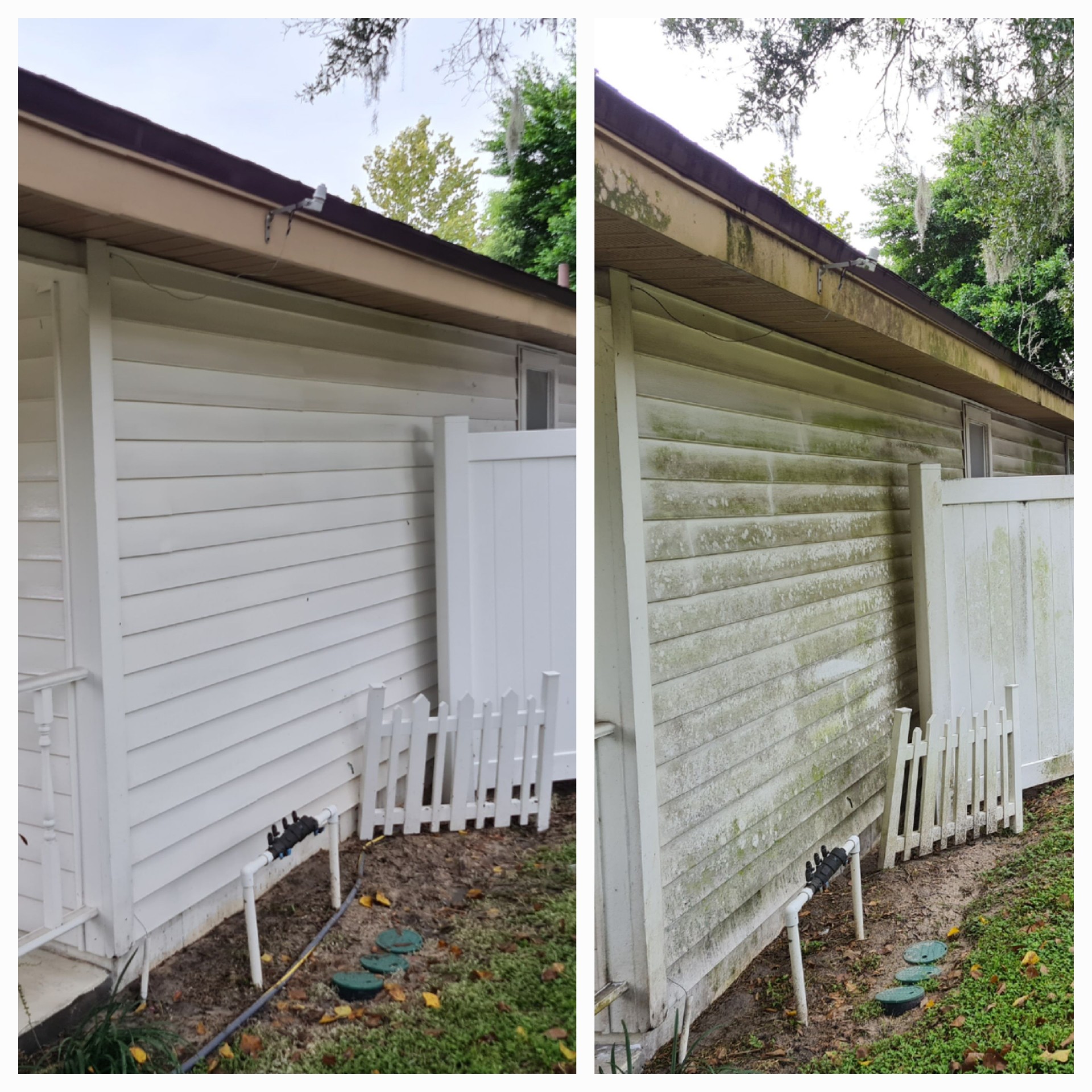 Before-and-after collage showing exterior house washing completed by Celebration Garden & Cleaning.