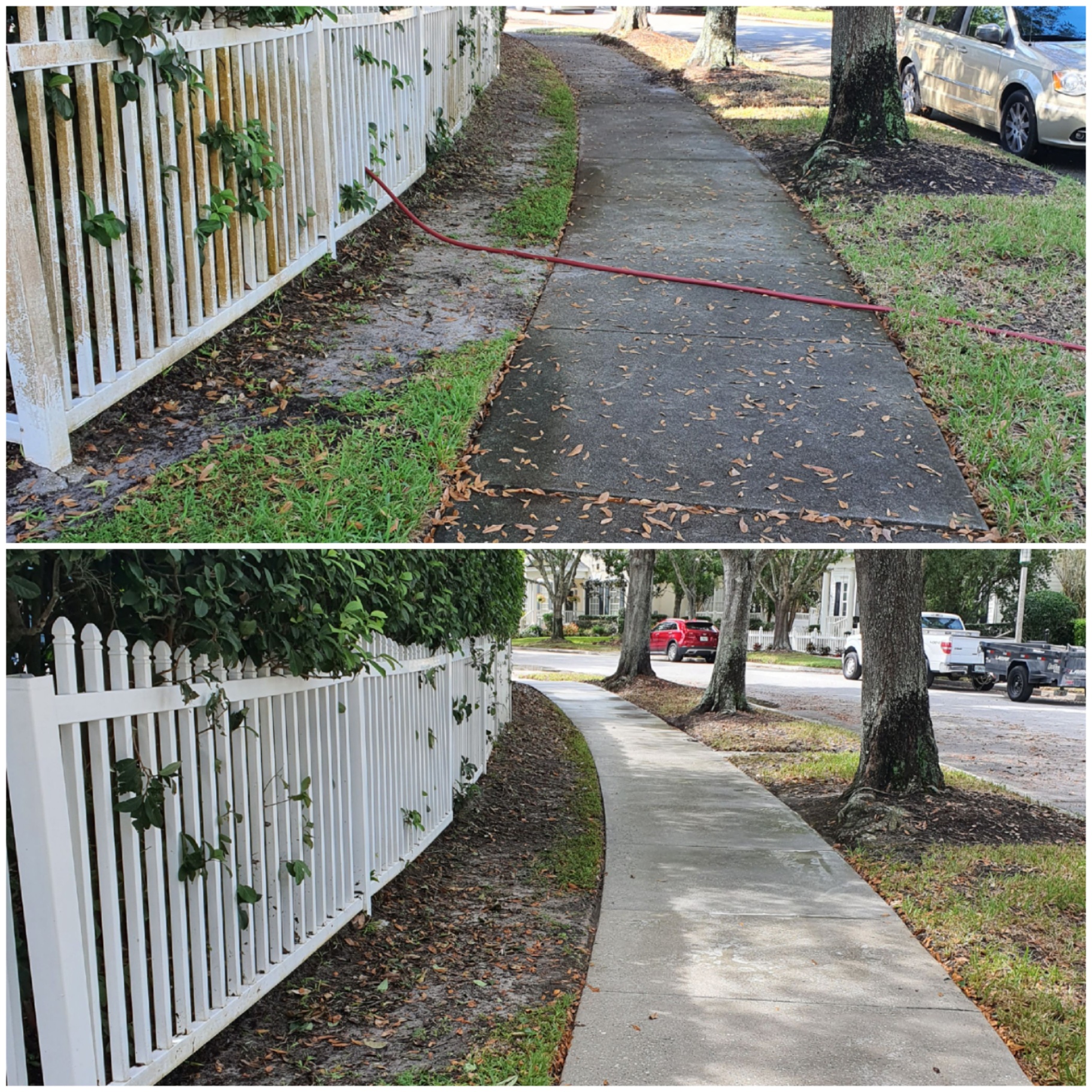 Before-and-after collage of a white fence and adjacent sidewalk after cleaning.